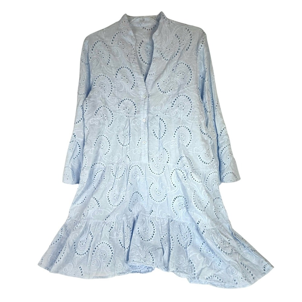 Light blue paisley eyelet embroidered tiered tunic dress boho cottagecore medium
